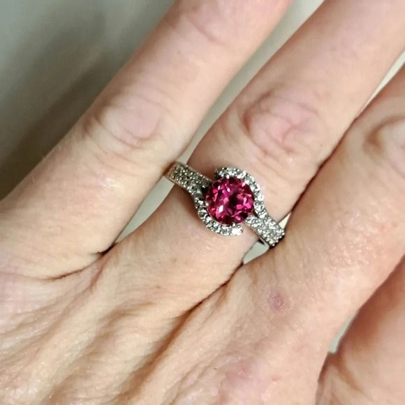 Padparadscha Sapphire & White Zircon Ring In 925 Sterling Silver - Picture 2 of 9